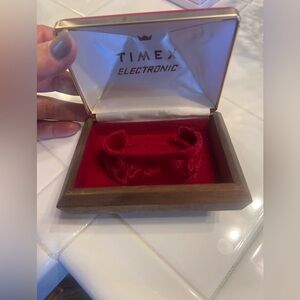 Vintage Timex Small Wooden Watch Presentation Box with Red Velvet Liner